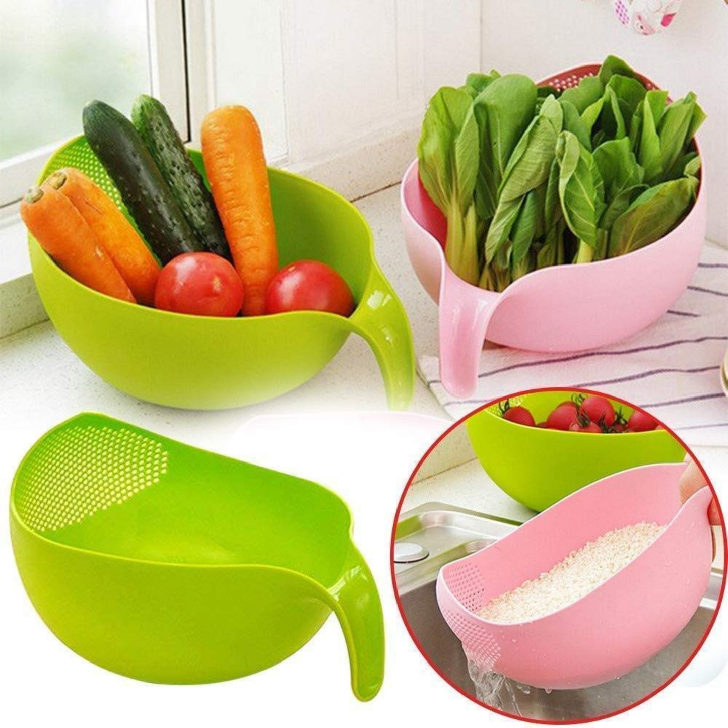 Rice & Fruits Washing Bowl with Handle (Green)