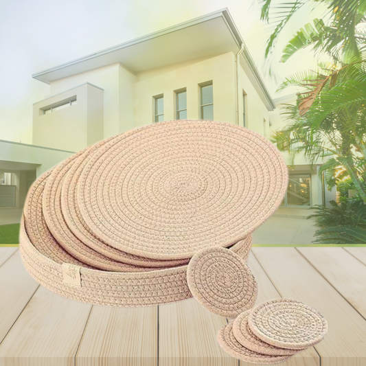 Heritage Woven Dining Set – 4 Beige Cotton Rope Placemats, 4 Coasters & Basket