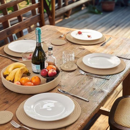 Heritage Woven Dining Set – 4 Beige Cotton Rope Placemats, 4 Coasters & Basket