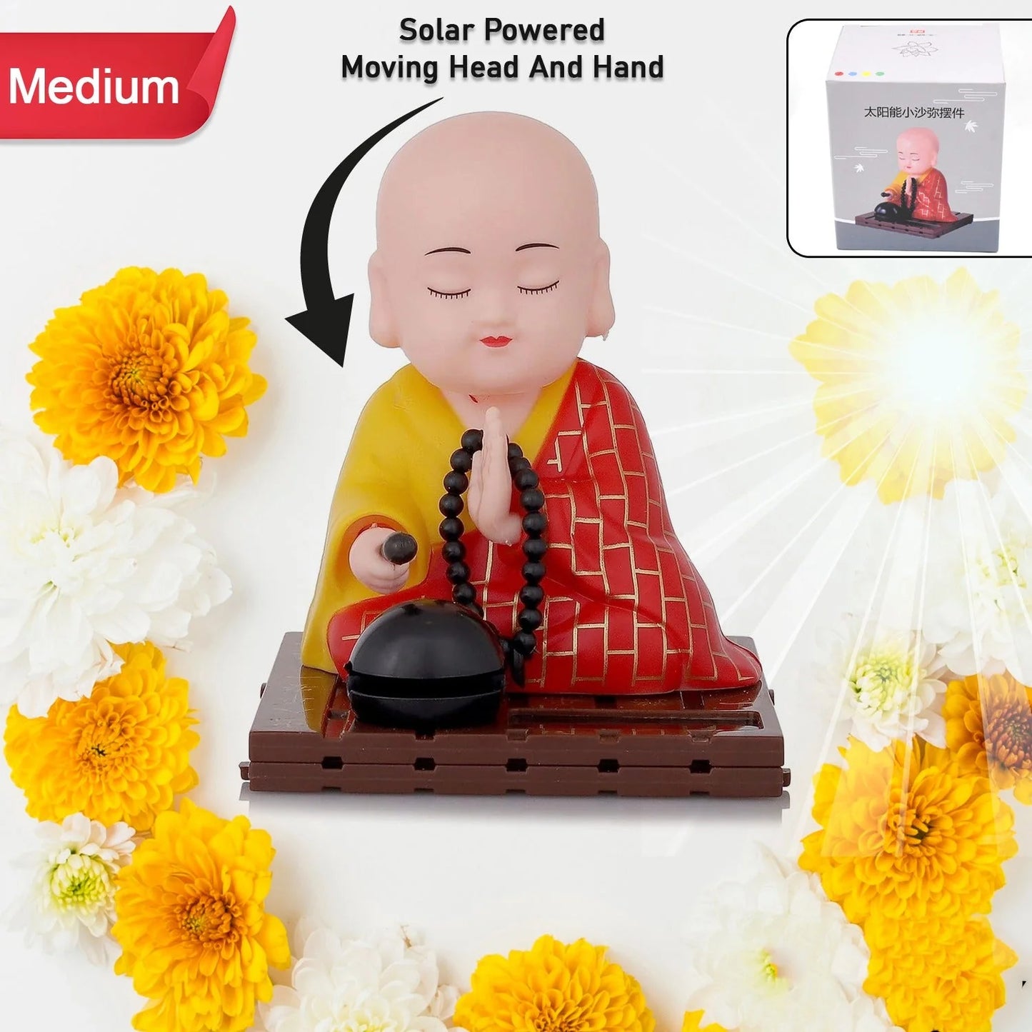 Solar Powered Sitting Buddha Statue – Moving Head & Hand | Home, Office & Car Dashboard Decor