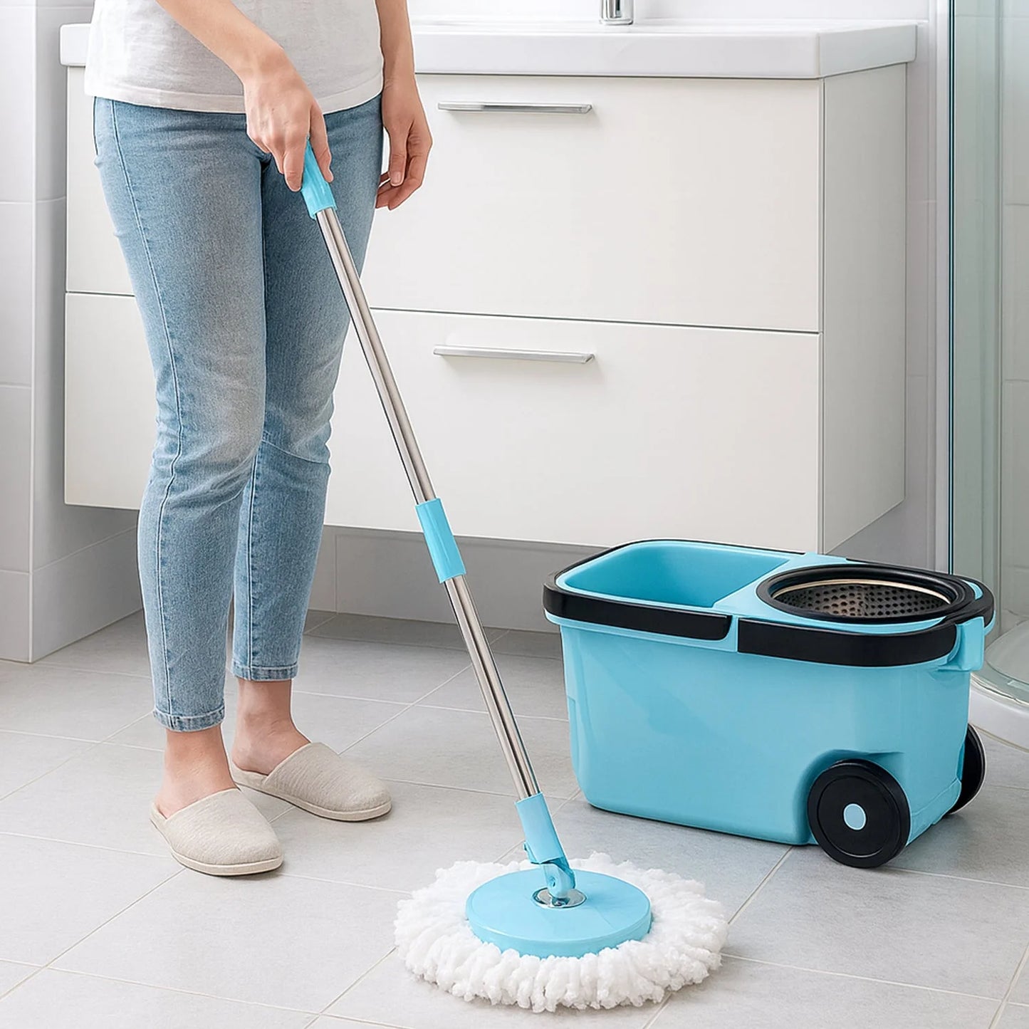 360° Spin Mop with Bucket, Stainless Steel Wringer, and Microfiber Refills – Easy Wheels Floor Cleaning Set