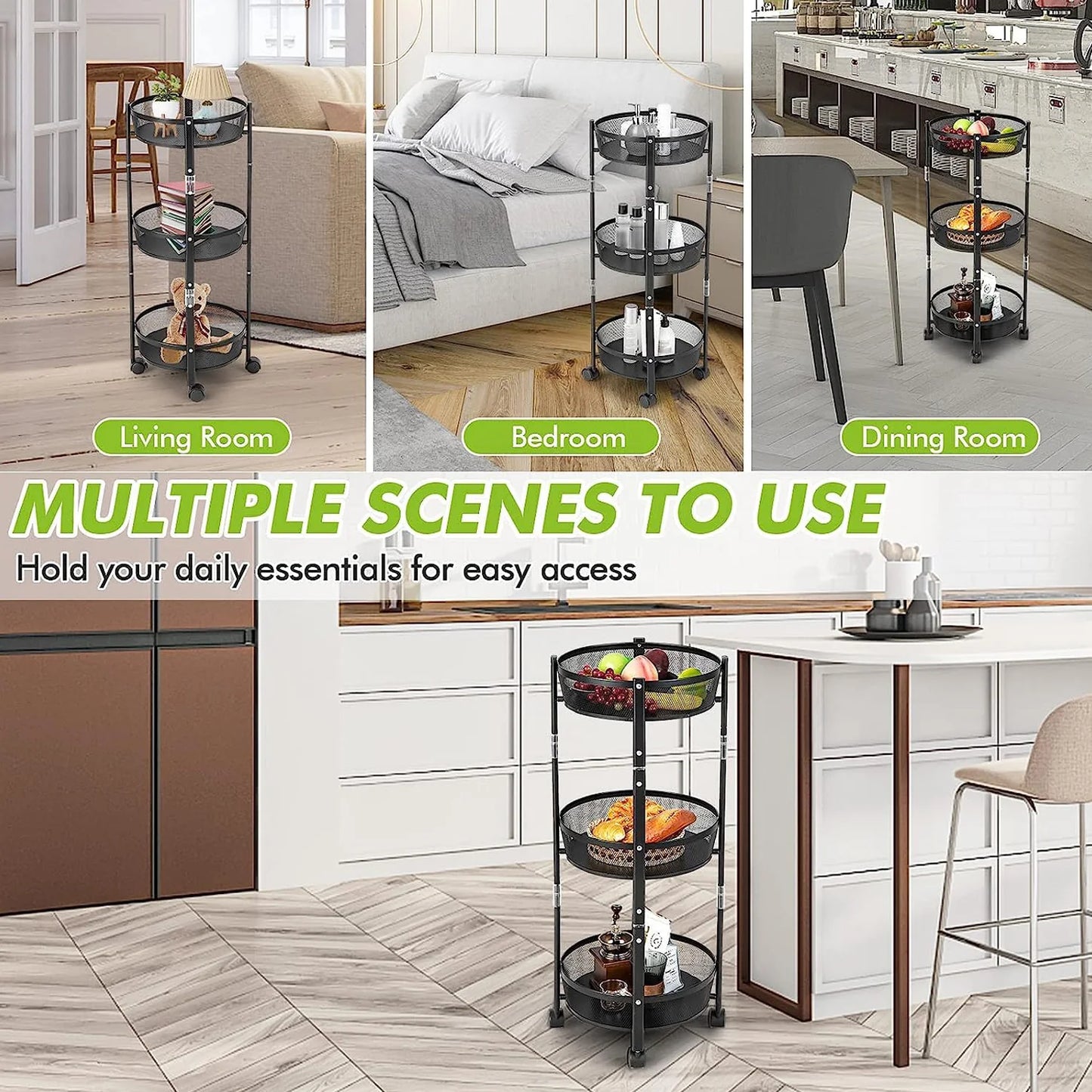 3-Layer Round Metal Mesh Utility Storage Trolley with Wheels – Multipurpose Premium Organizer Rack