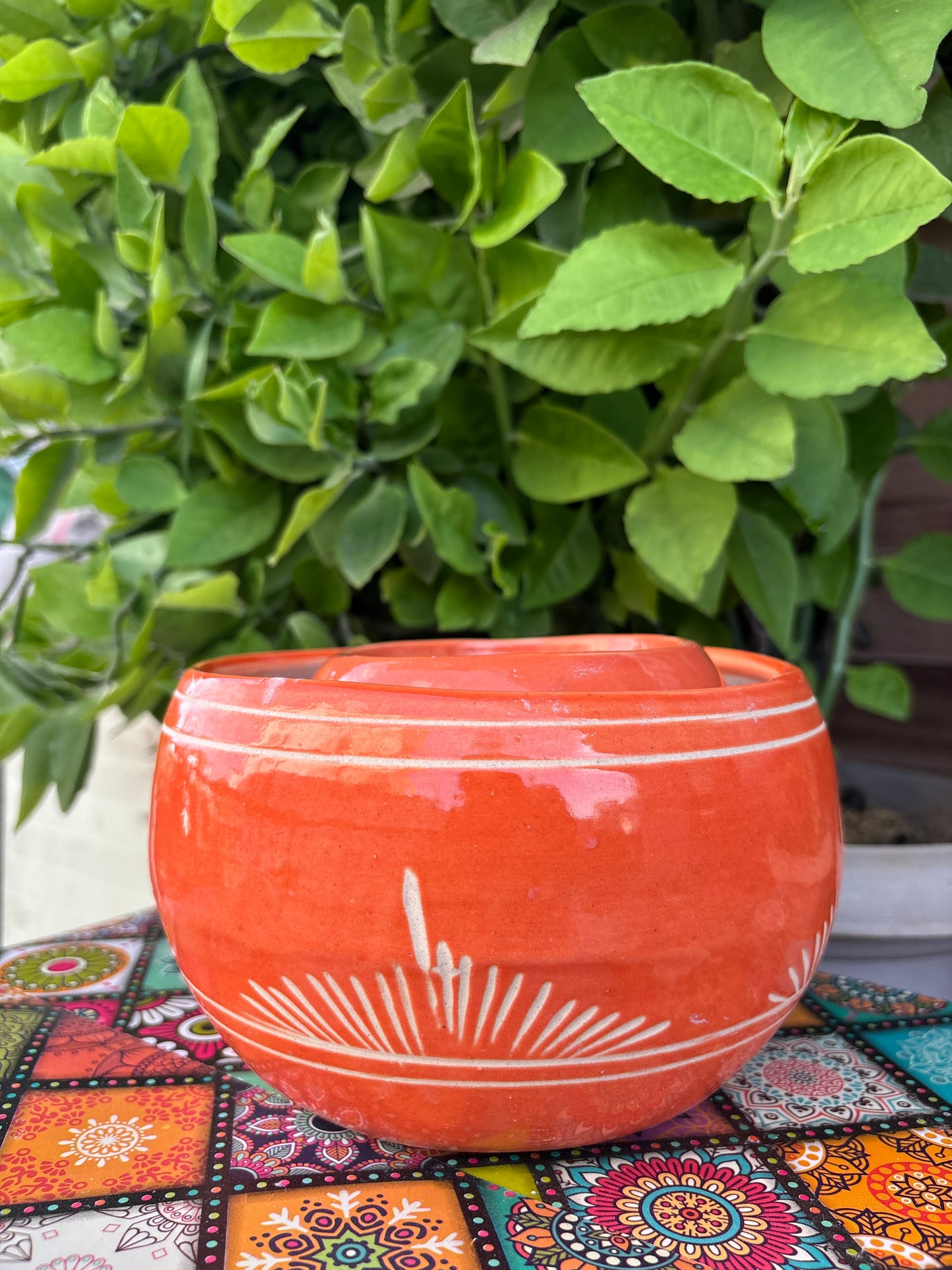 Handcrafted Ceramic Pot – Orange Round Planter (7” Dia, 4” Height)