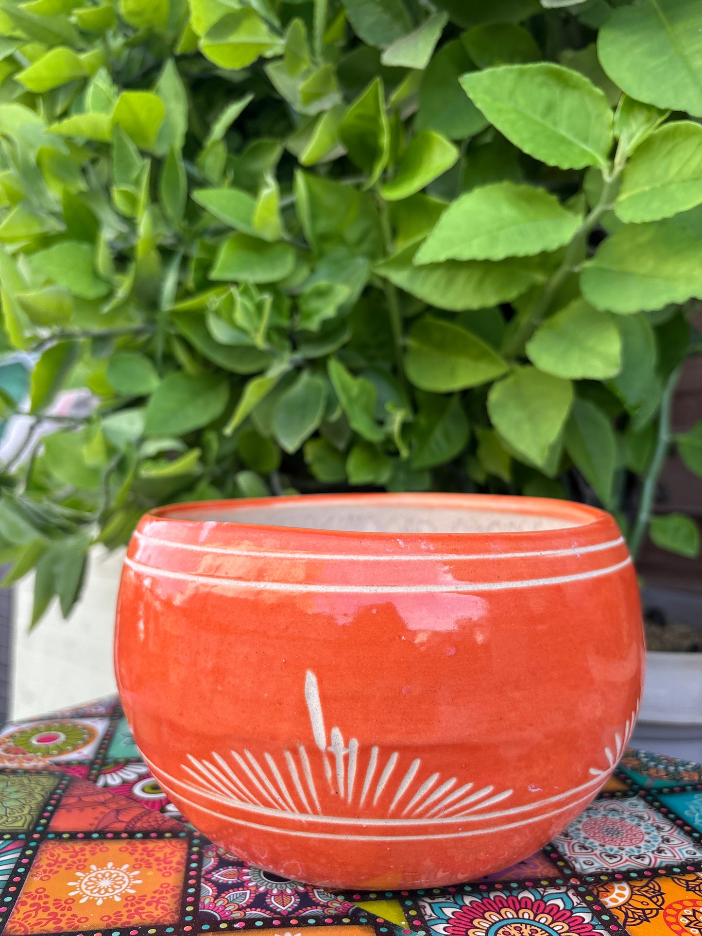 Handcrafted Ceramic Pot – Orange Round Planter (7” Dia, 4” Height)
