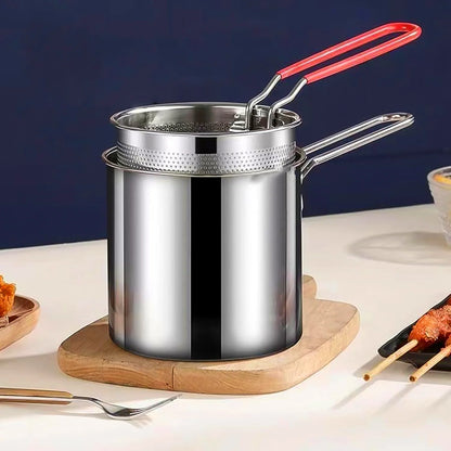 Stainless Steel Deep Frying Pot with Strainer Basket | Small Fryer Pan with Long Handle for French Fries, Chicken, Shrimp, Fish, Pasta & More (2 Pc Set – 1200 ML)