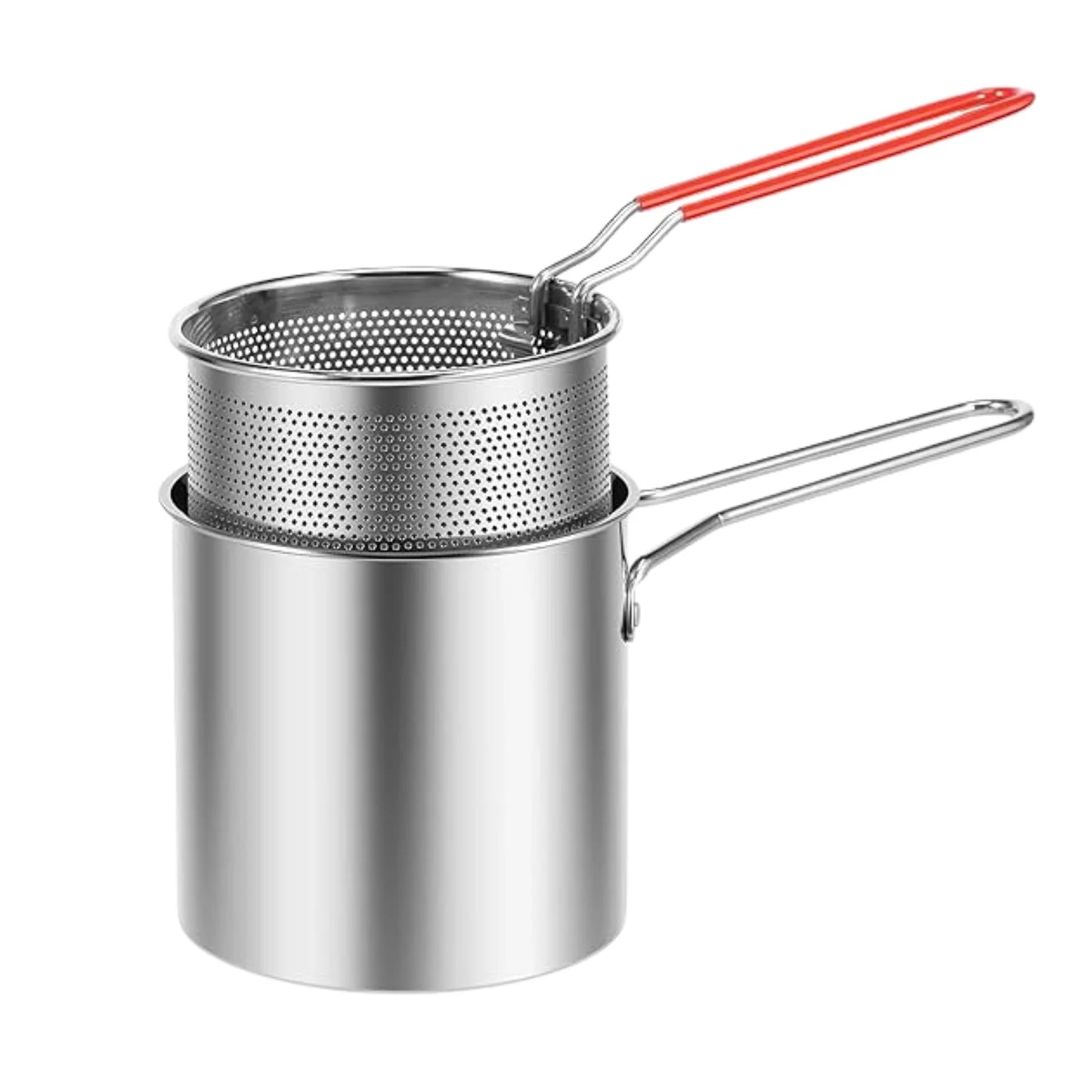 Stainless Steel Deep Frying Pot with Strainer Basket | Small Fryer Pan with Long Handle for French Fries, Chicken, Shrimp, Fish, Pasta & More (2 Pc Set – 1200 ML)