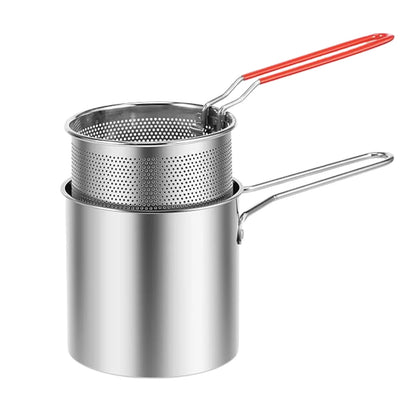 Stainless Steel Deep Frying Pot with Strainer Basket | Small Fryer Pan with Long Handle for French Fries, Chicken, Shrimp, Fish, Pasta & More (2 Pc Set – 1200 ML)