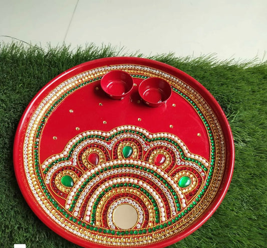 Aaradhya Beaded Pooja Thali – Red Base with Pearl & Mirror Work