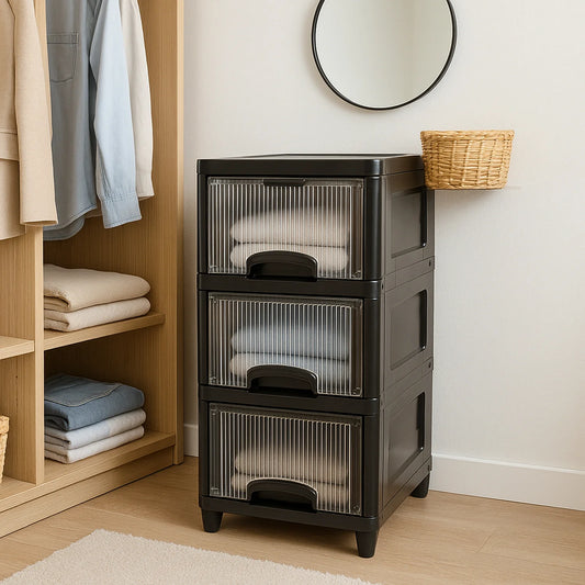 3-Layer Plastic Storage Drawer Cabinet with Transparent Ribbed Fronts & Anti-Skid Feet – Stackable Modular Organizer for Clothes, Toys & Documents