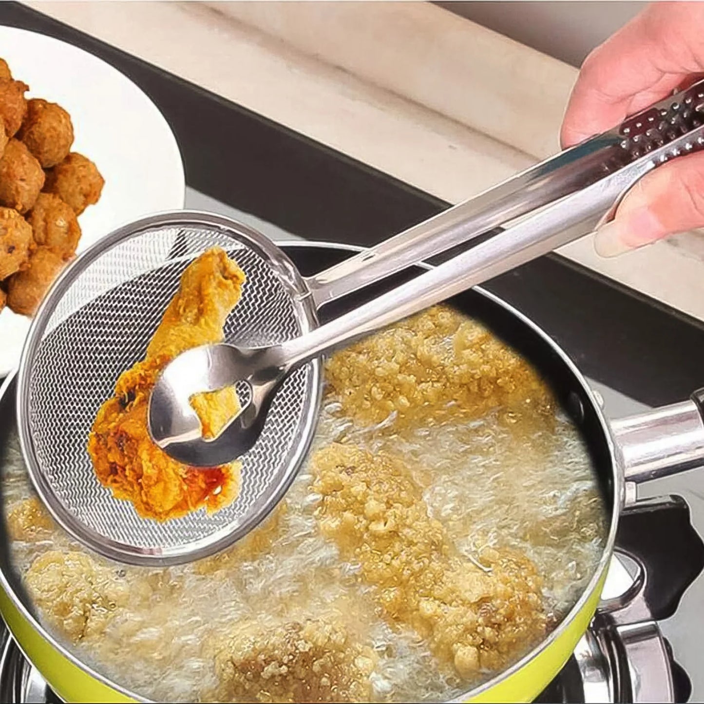 2-in-1 Stainless Steel Fry Tool & Filter Spoon Strainer with Clip