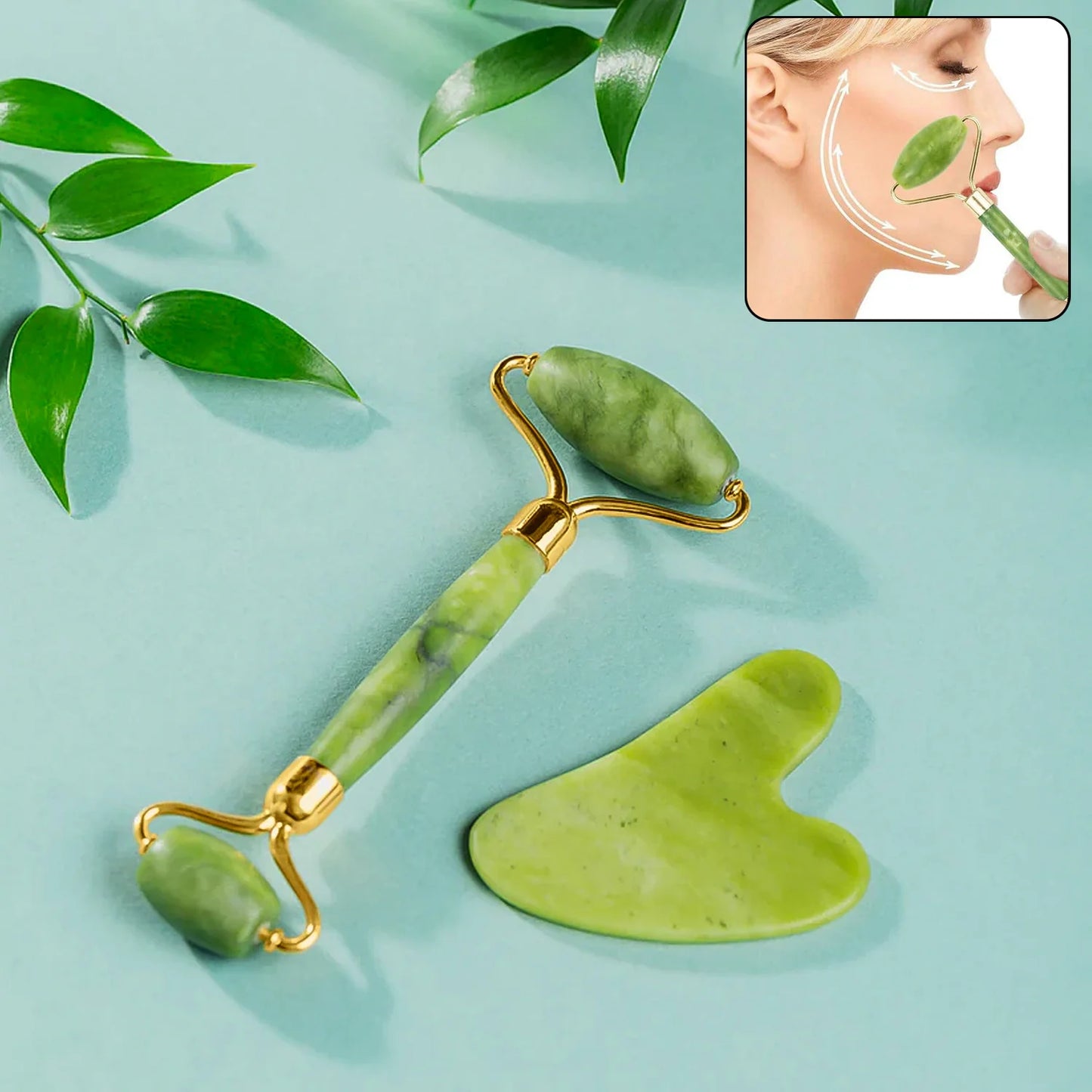 Gua Sha Stone and Jade Roller Massager Set