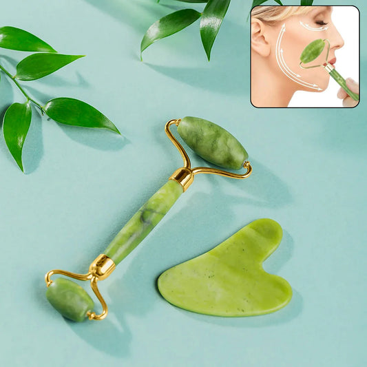 Gua Sha Stone and Jade Roller Massager Set